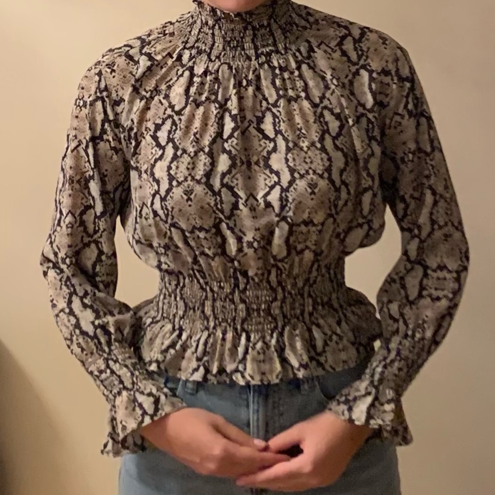 Snakeskin Cinched Waist Mock Neck Blouse. Size Small. Never Worn.